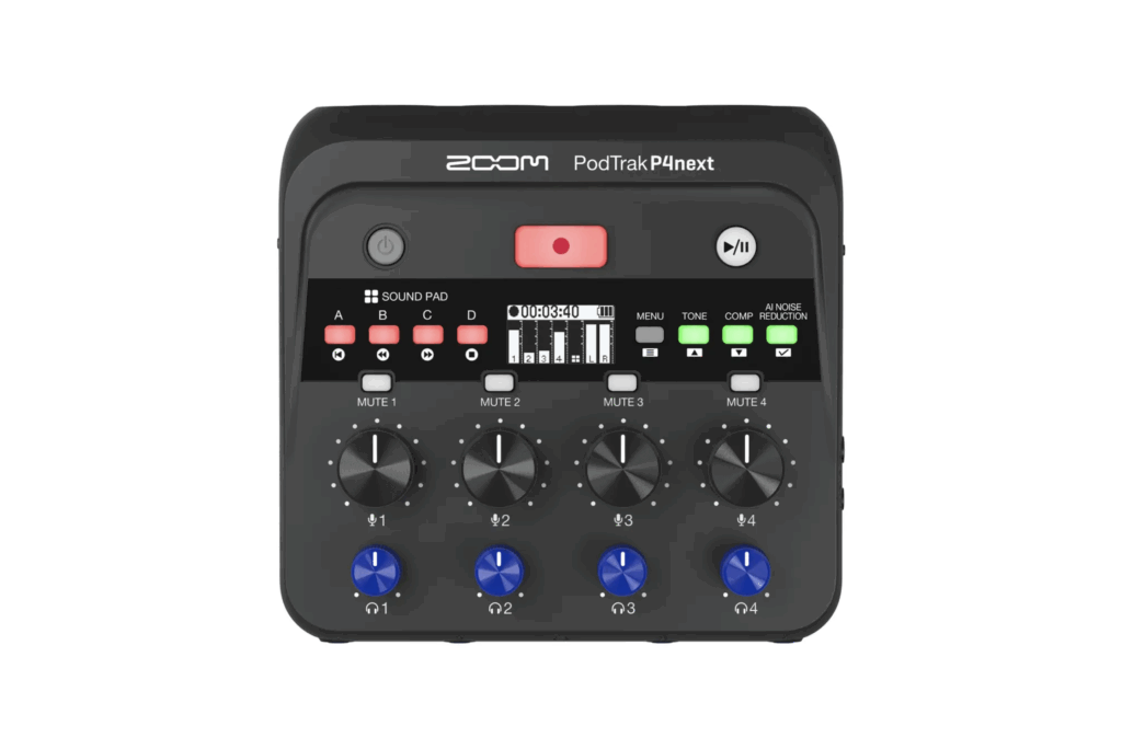 ズームがAI機能搭載のポッドキャスト用レコーダー「PodTrak P4next」を発売。最大4人分のマルチトラック録音とライブ配信が可能に