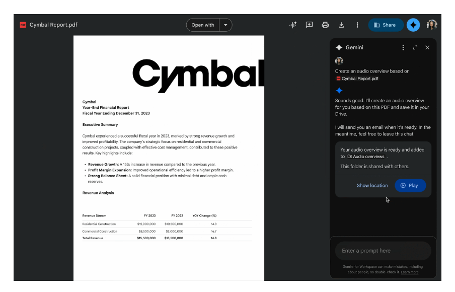 Google DriveにPDFのAI音声要約機能を追加、Geminiを活用