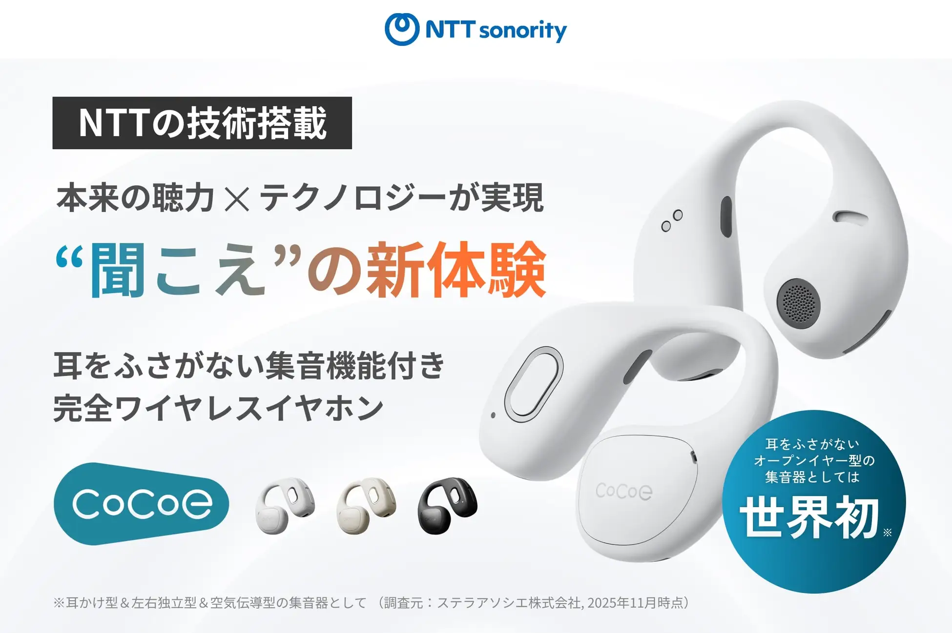 NTT発オープンイヤー型集音器「cocoe Ear」、クラファン開始1日で支援金額8,500万円を突破