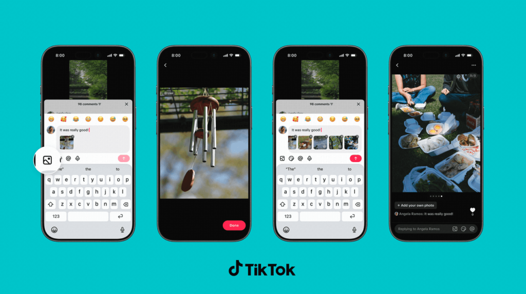 TikTokのコメントに複数の写真を追加する画面