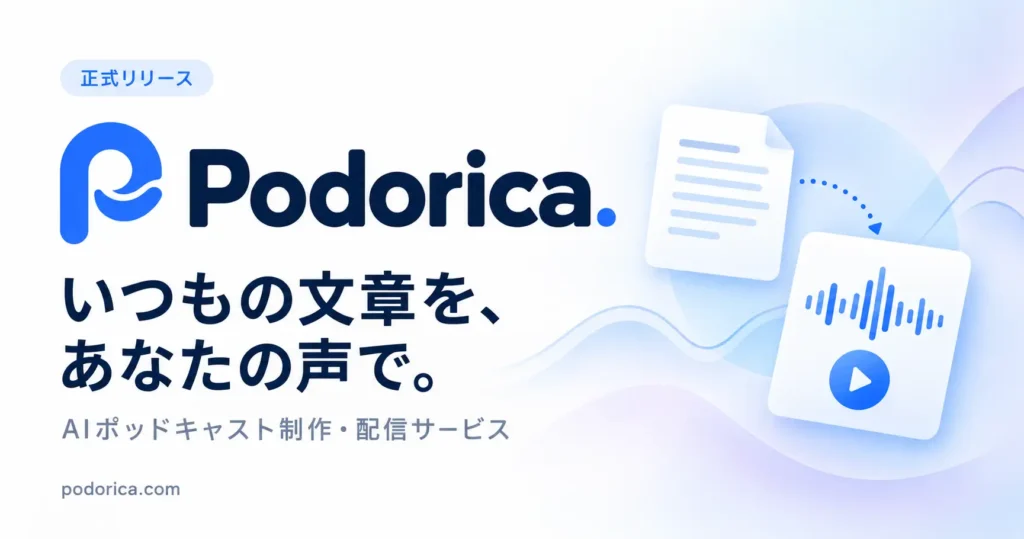Podoricaのロゴとマイクを配し、文章を自分の声のポッドキャストに変える機能を紹介する画像